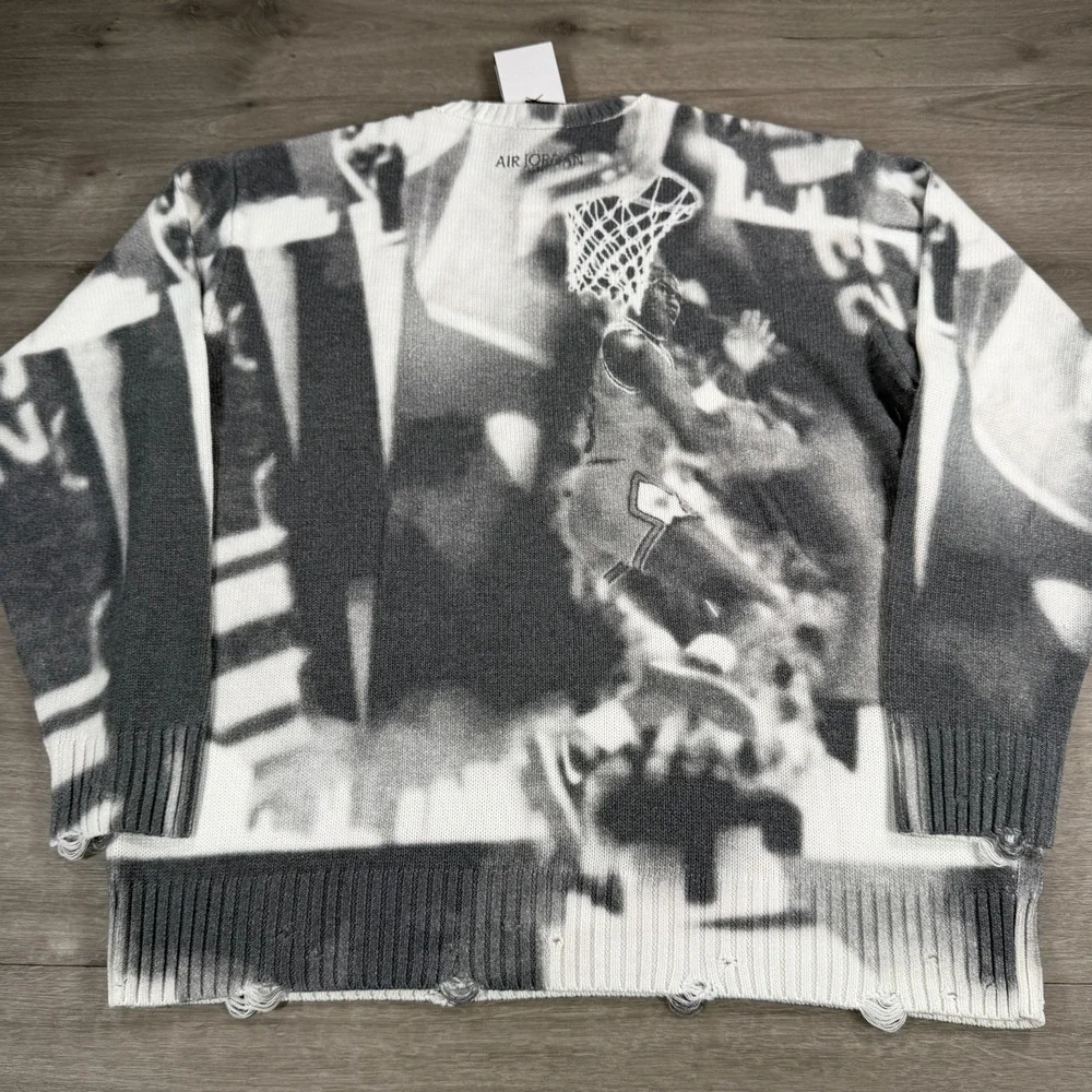 Air Jordan Nike Sweater AOP Knit Mens XL Distress Loose Fit HQ1635-133